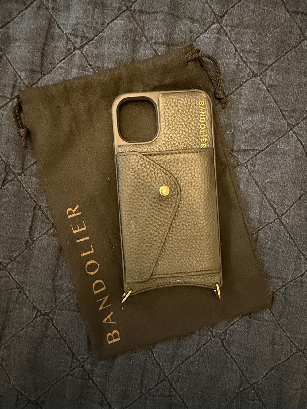 Bandolier Black Leather Card Slot iPhone 11 Case with Gold Accent